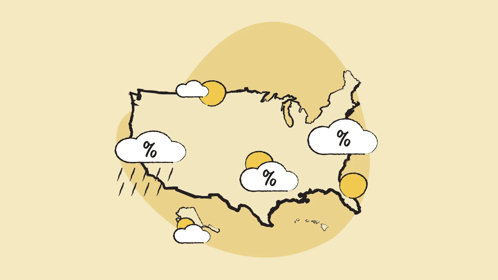 Illustration of US showcasing weather icons with percentage symbols