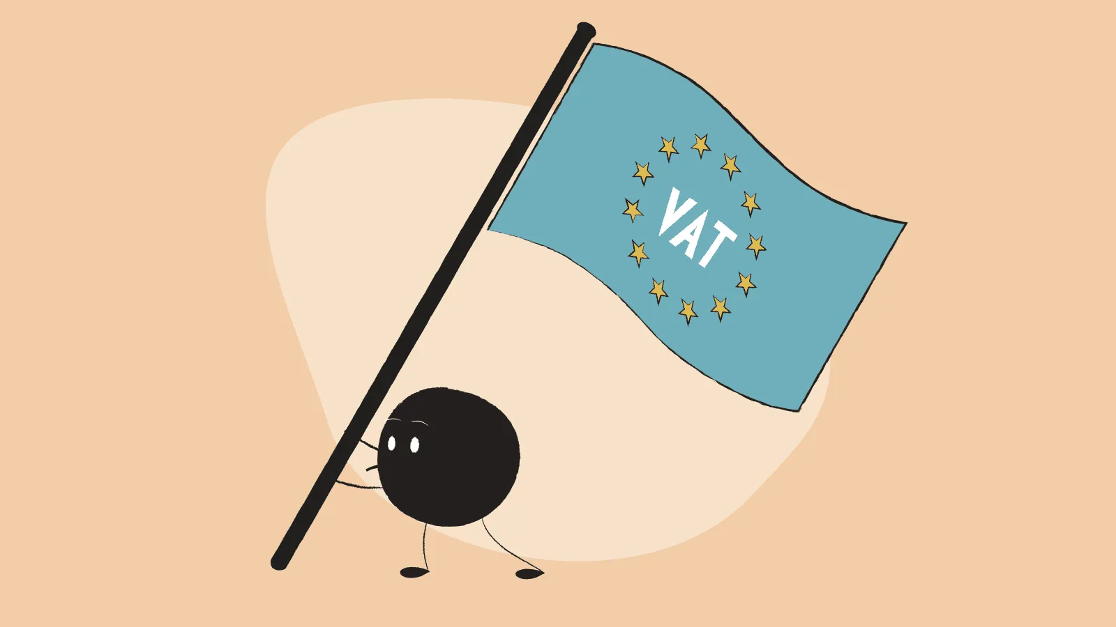 Illustration of Qoodle carrying the European flag with the text VAT