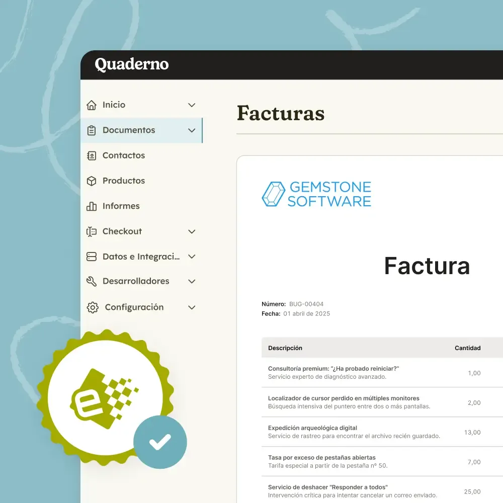 Interfaz de Quaderno con una factura y el emblema de FacturaE