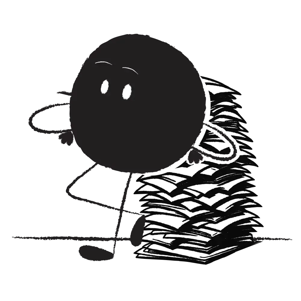 Qoodle with a pile of papers