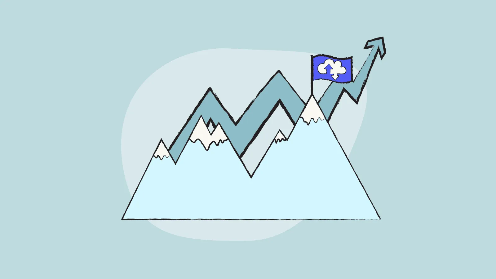 Illustration of mountains with a linear ascending chart