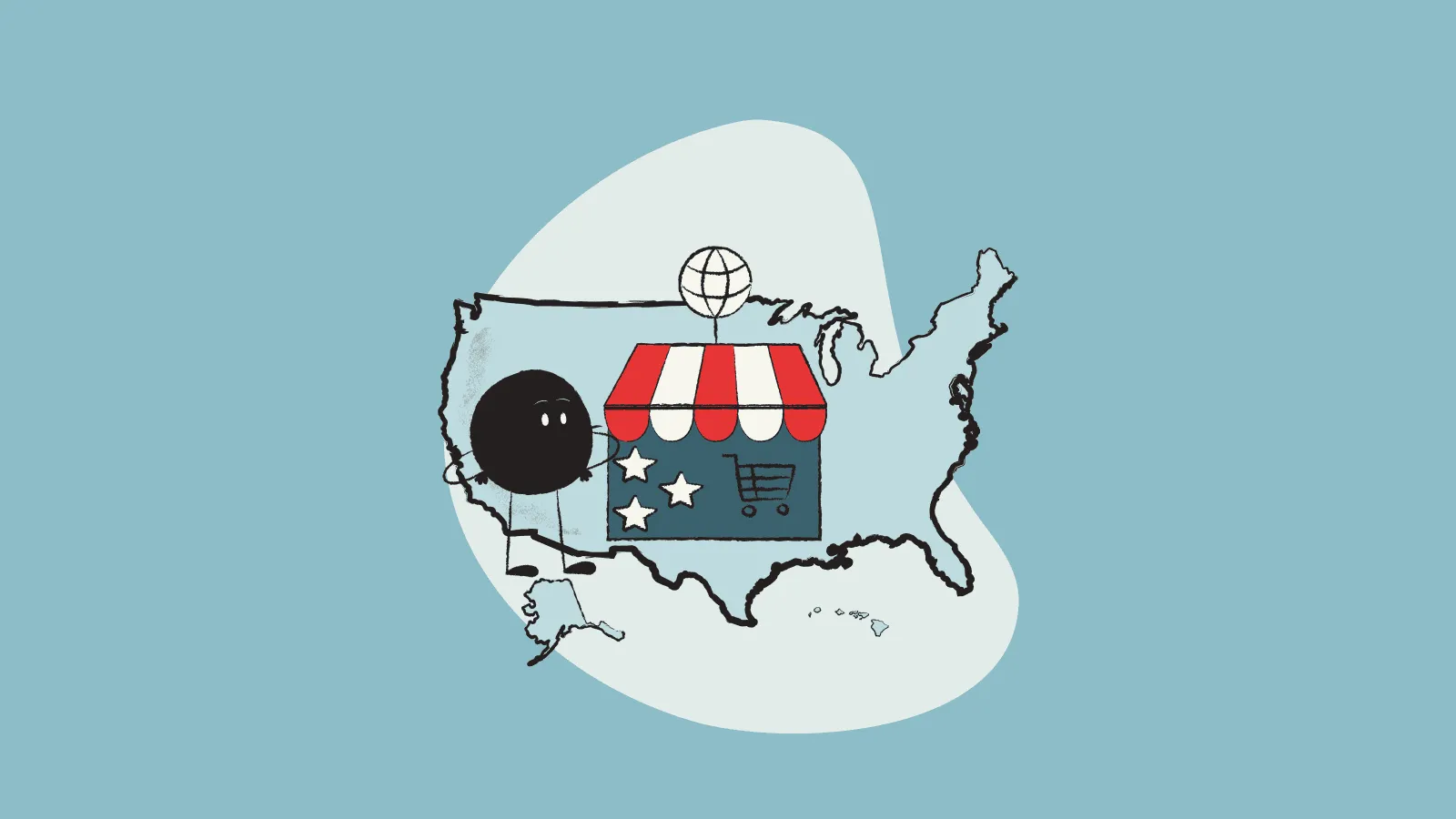 Illustration of Qoodle and a ecommerce in the USA