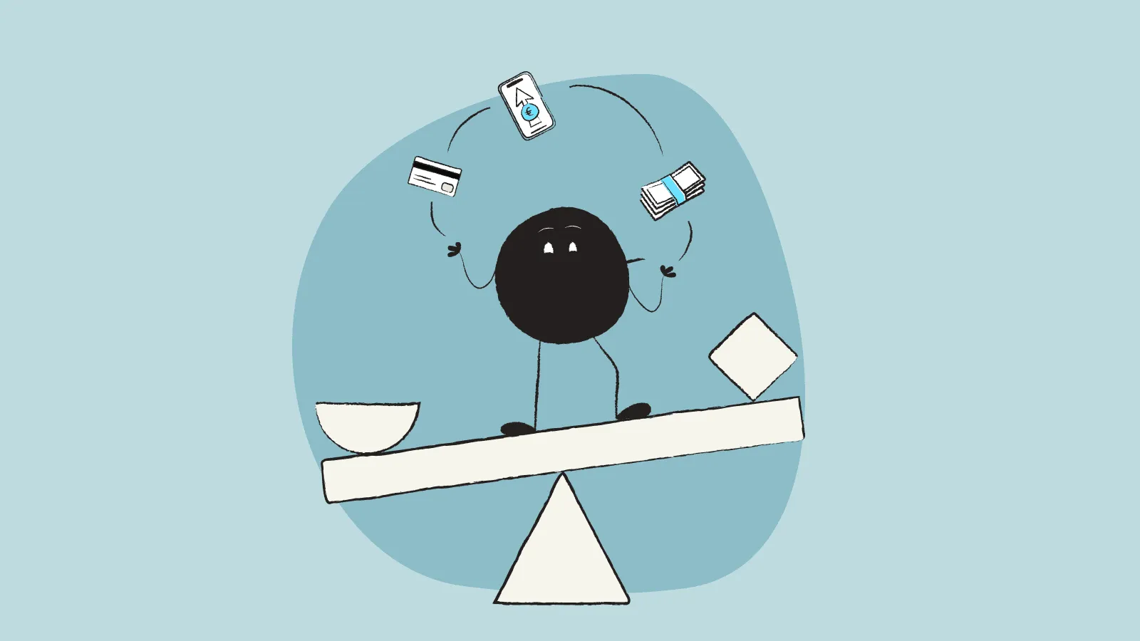 Qoodle haciendo malabares con un movil, una tarjeta de crédito y efectivo