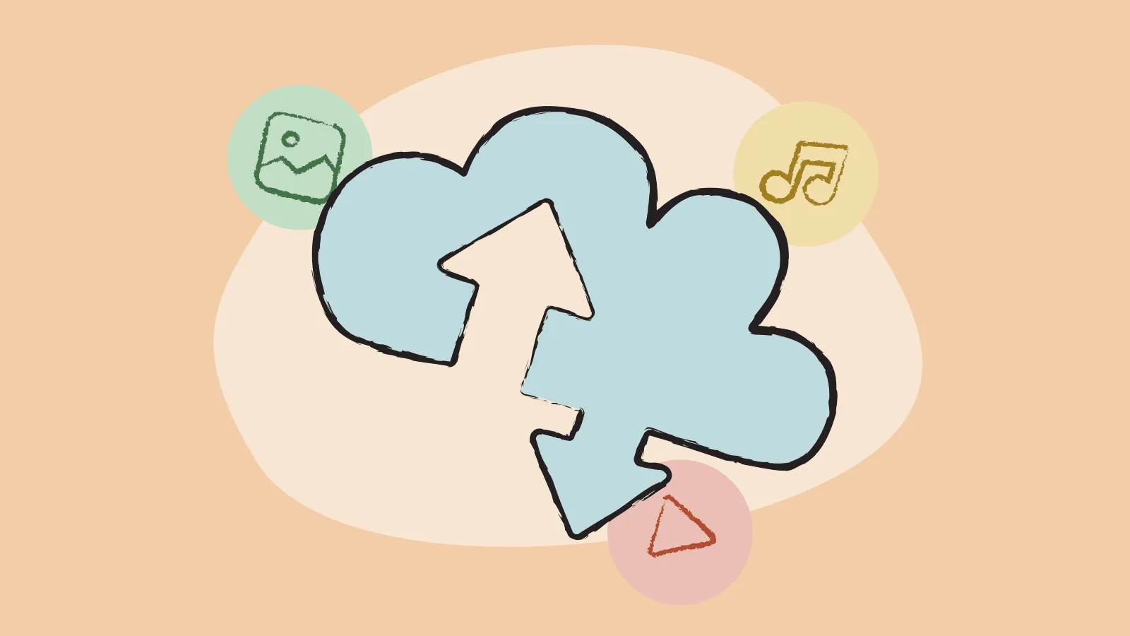 Illustration representing a cloud service with digital product icons.