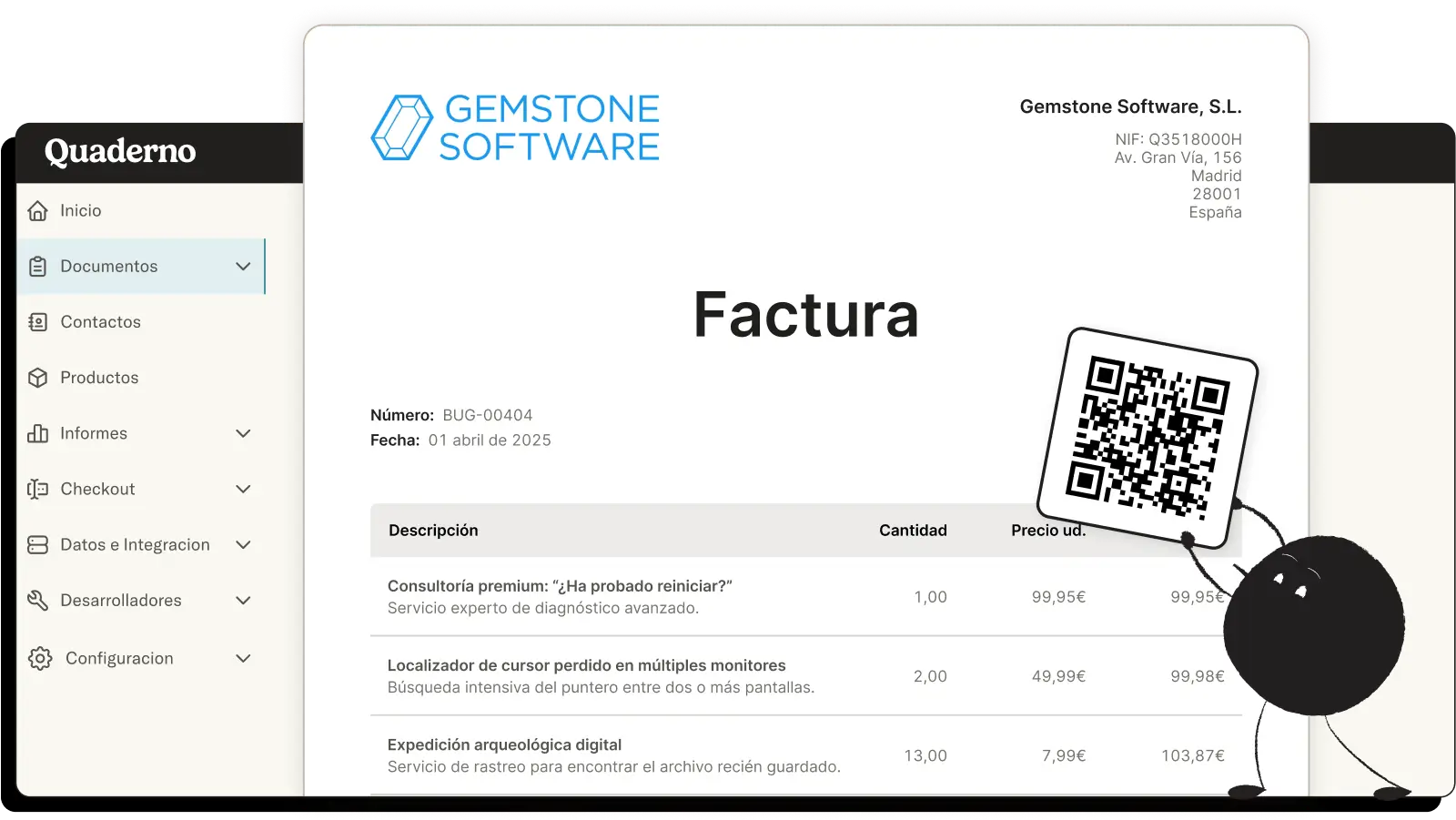 Plataforma Quaderno mostrando una factura y Qoodle con un código QR