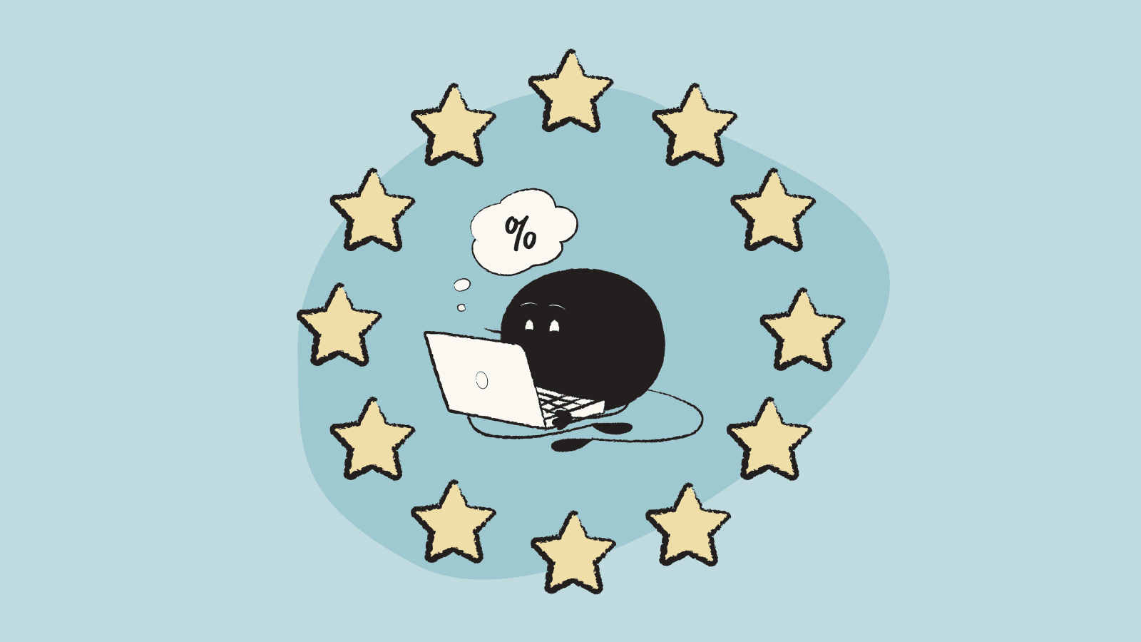 Illustration of Qoodle using a computer surrounded by 12 starts