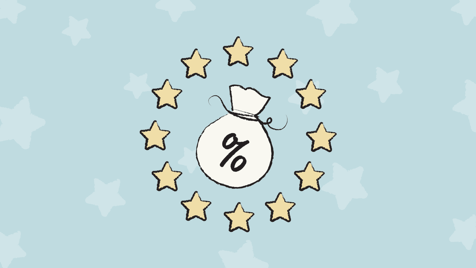 Illustration of a bag with the percentage symbol surrounded by stars.