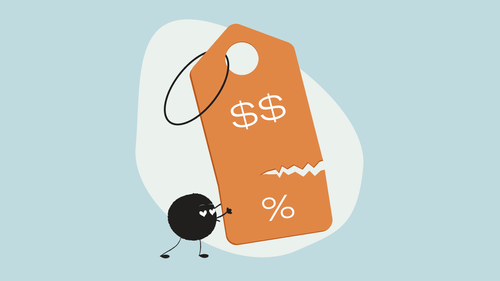 Illustration of Qoodle tearing a pricing tag
