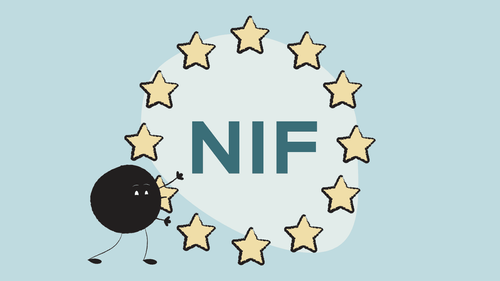 Conjunto de estrellas de la bandera de la Unión Europea rodeando las el acrónimo NIF