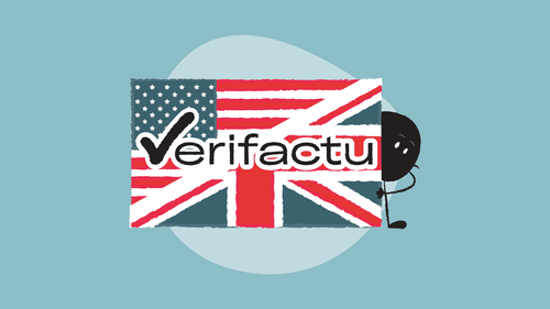 Qoodle peeking out from behind a flag that is half US and half UK, with the word Verifactu in the middle.