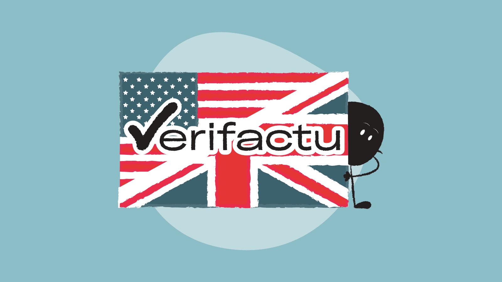 Qoodle peeking out from behind a flag that is half US and half UK, with the word Verifactu in the middle.