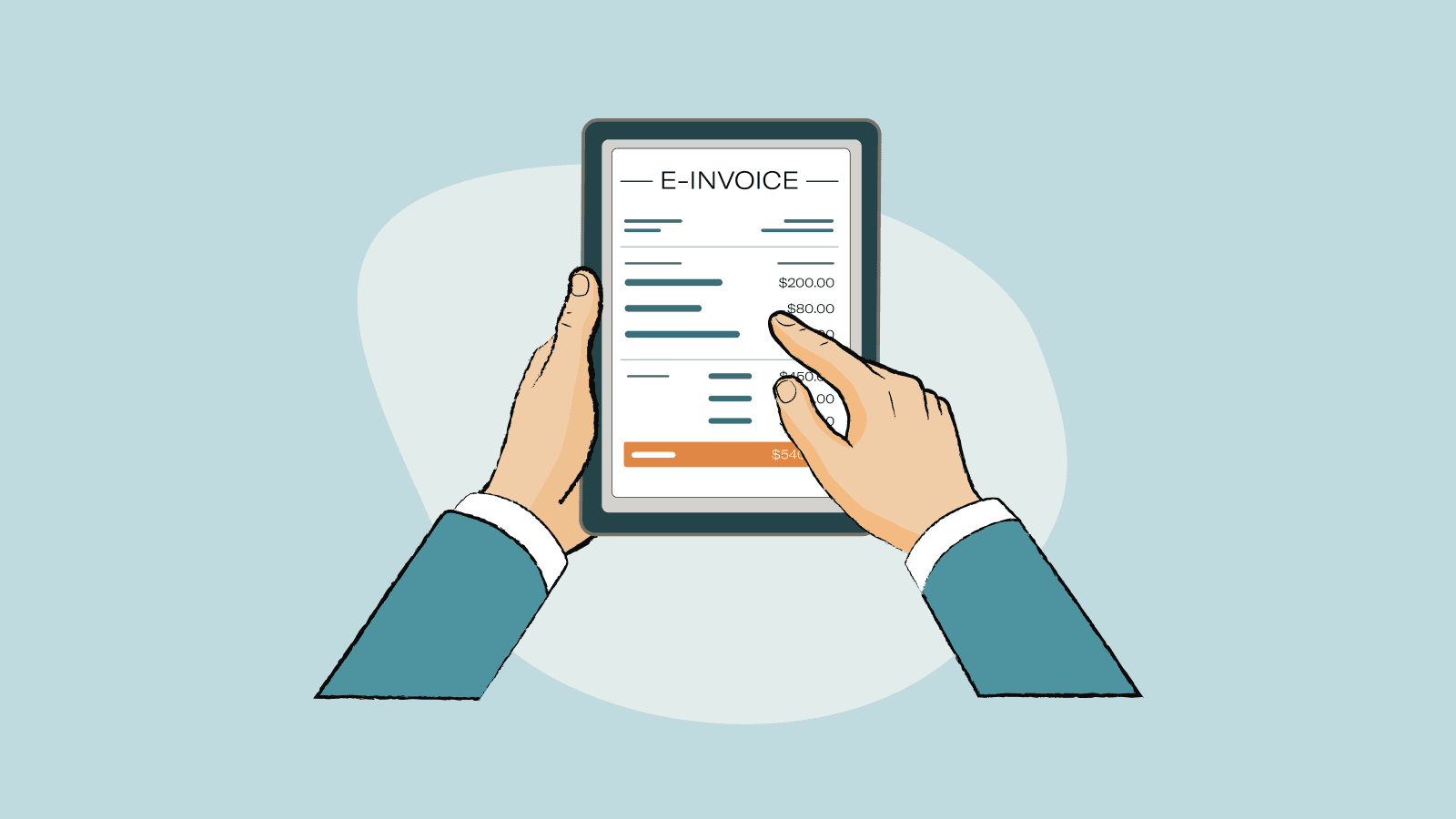 Hands holding a tablet showing a e-invoice