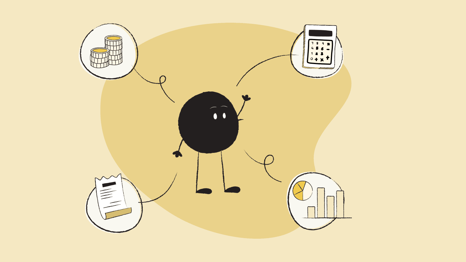 Illustration of Qoodle showcasing money, invoice, charts, and calculator