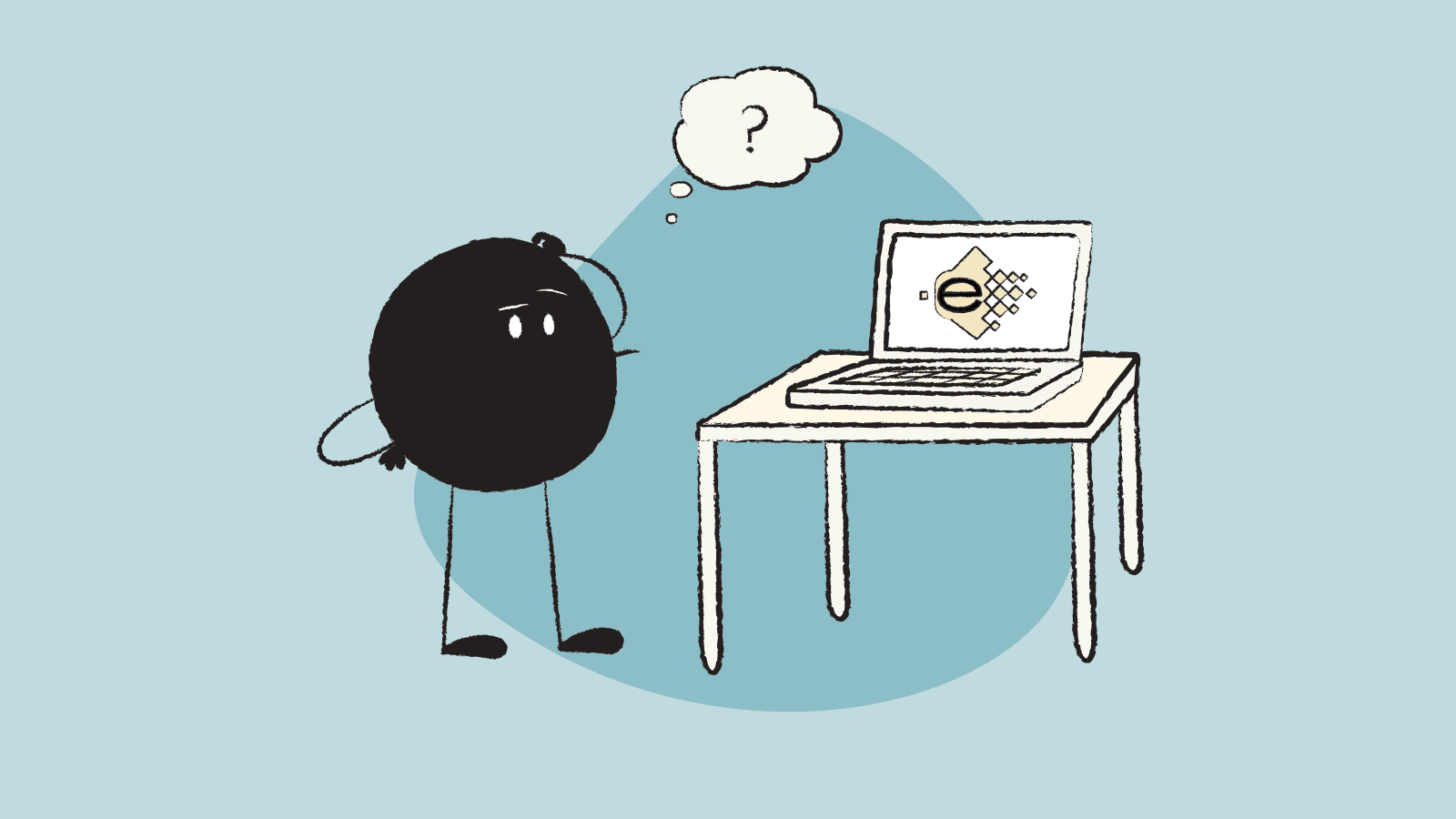 Illustration of Qoodle confused while looking at FacturaE on a laptop